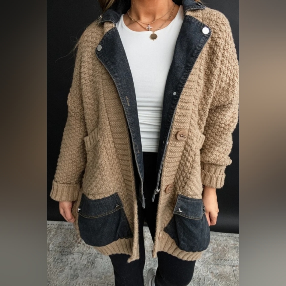 Denim contrast sweater cardigan